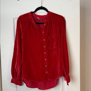 Anthropologie Red Velvet Button-Front Shirt